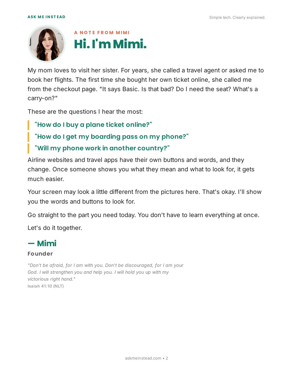 Booking, Boarding, and Beyond: A note from Mimi page