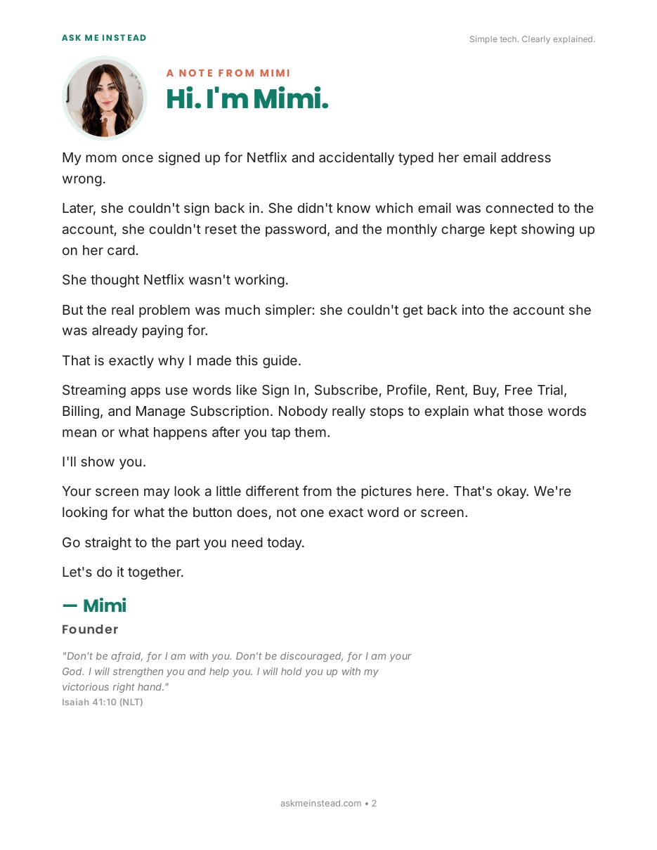 How to Use Streaming Apps: A note from Mimi page