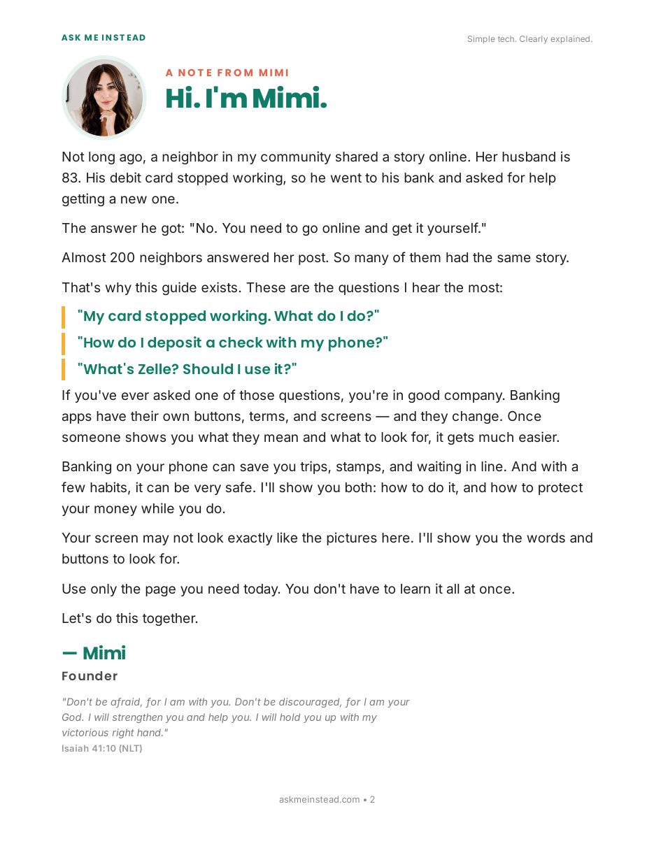 Online Banking & Payments: A note from Mimi page