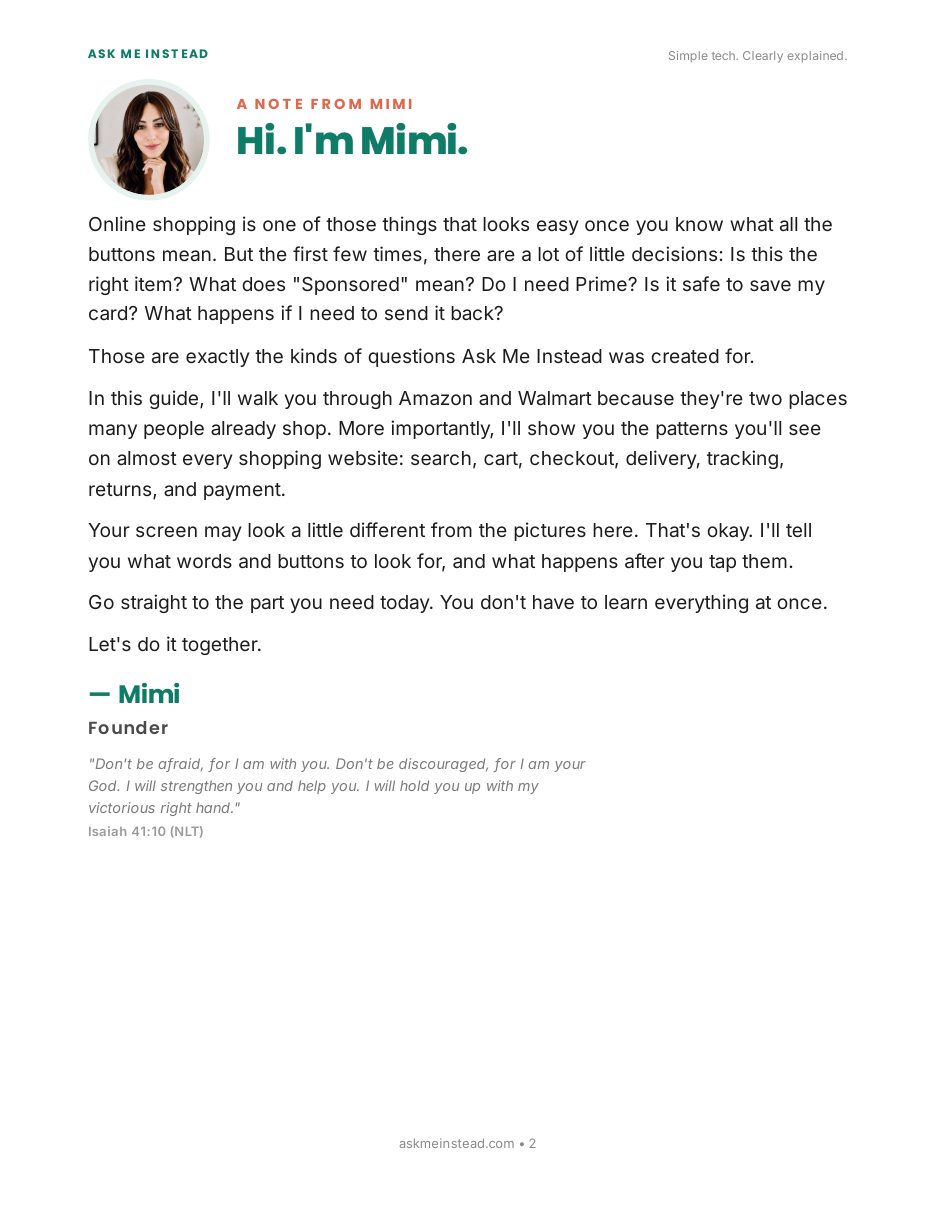 How to Shop Online With Confidence: A note from Mimi page
