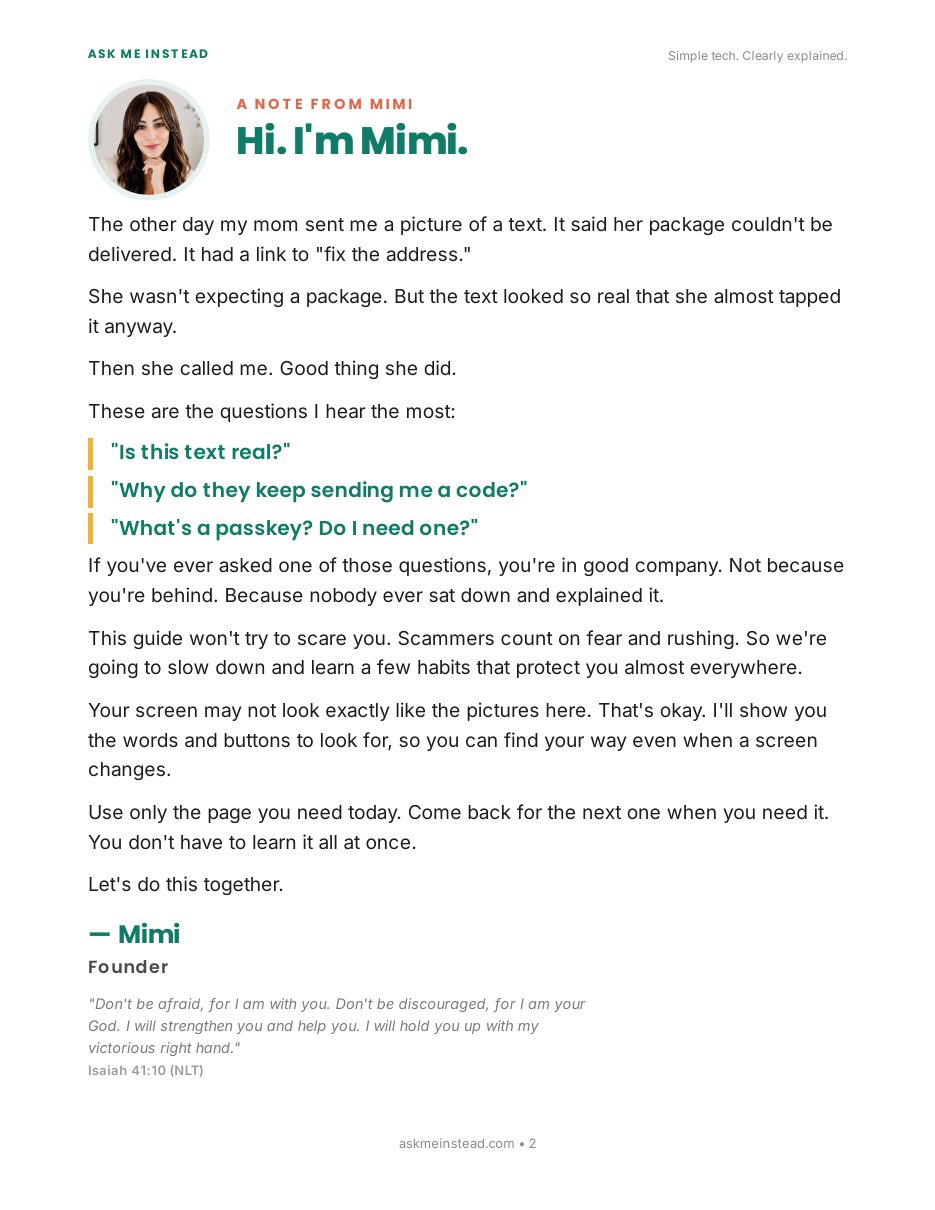 How to Stay Safer Online: A note from Mimi page