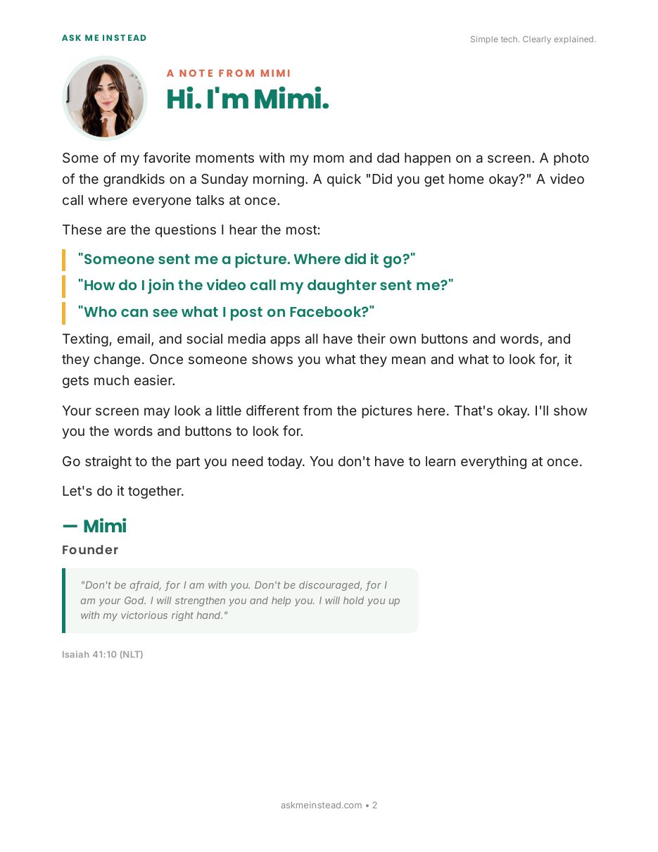 Staying Connected Online: A note from Mimi page