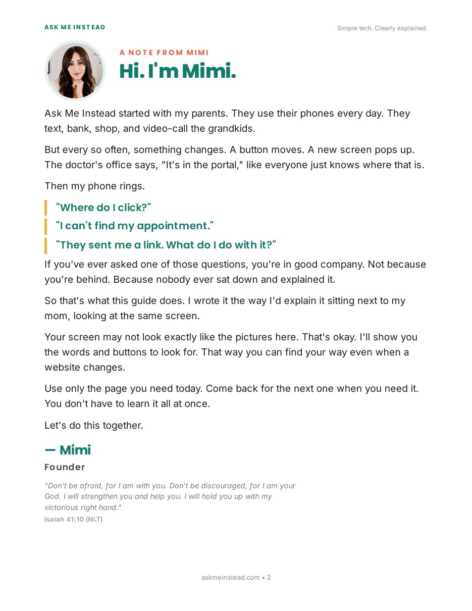 Doctor Appointments, Patient Portals & Telehealth: A note from Mimi page