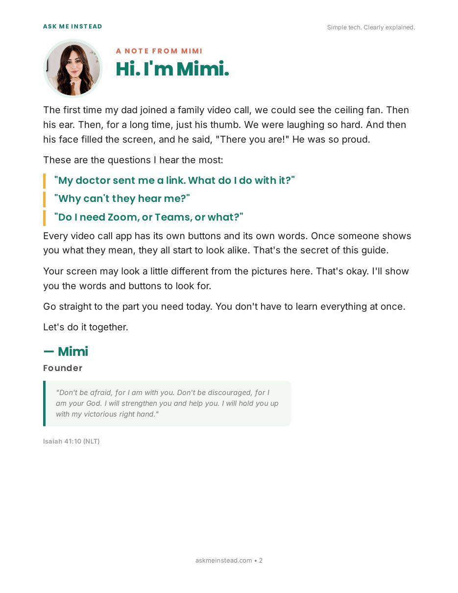 Video Calls Without the Confusion: A note from Mimi page